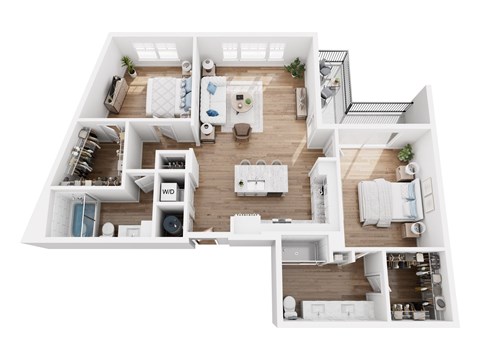 A white floor plan of a house with a living room, kitchen, and bedrooms.